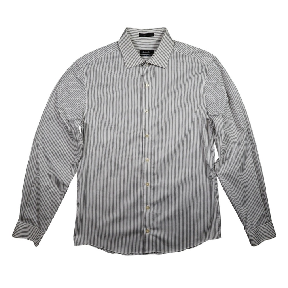 Kenneth Cole Dress Shirt Mens Medium White Excellent Striped Slim Fit Non Iron
